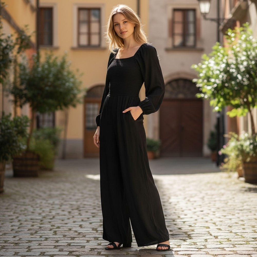 Women Cottagecore Boho Flowy Jumpsuit Small Black Smocked Puff Sleeve Wide Leg